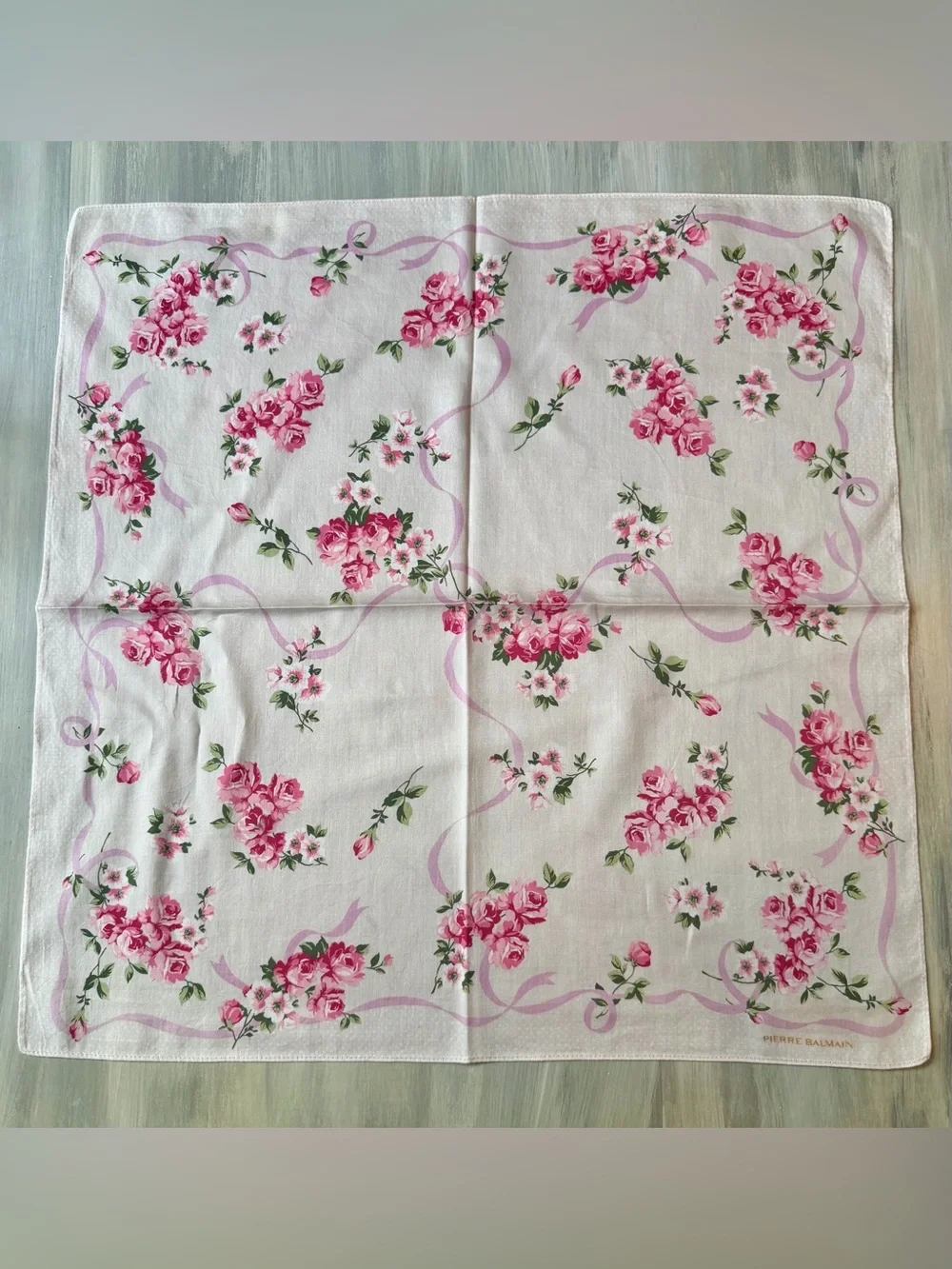 Pierre Balmain Luxury French Fashion House Scarf pink rose & ribbon floral print